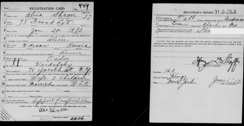 “Abie” Shron’s WWI draft registration card, 5 Jun 1917: 98 Grand Street Extension, Brooklyn, born 20 Jan 1890 in Warsaw, a tailor; signed.
