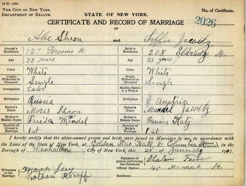Marriage of Abe Shron and Soffia Jawitz, Manhattan, 20 Jan 1912, certificate 2026: groom of 127 Broome Street.