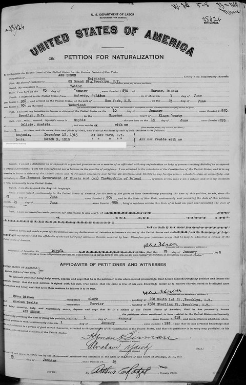 Abe Shron’s petition for naturalization, EDNY no. 35624, 29 Jan 1925: a tailor, born 20 Jan 1890 in Warsaw; arrived 23 Jun 1906 on the Vader