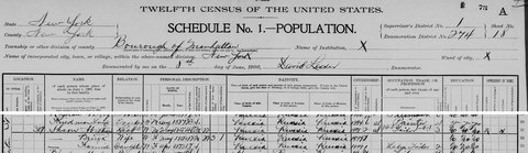 1900 US census, Manhattan ED 274, lines 21–23: Abraham Shron, born May 1855, arrived 1898; his wife “Brina”; their daughter Fannie, a ladies