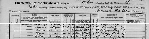 1905 New York State census, Manhattan AD 12, ED 15, Jackson Street: Abram Shron, a tailor, and Sarha.