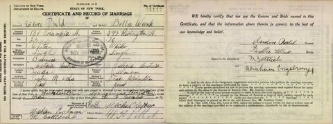 Marriage certificate of Isidore Bald and Bella Wank, Manhattan, 20 Nov 1926, certificate 34117. Isidore, 23, of 134 Columbia Street, son of 