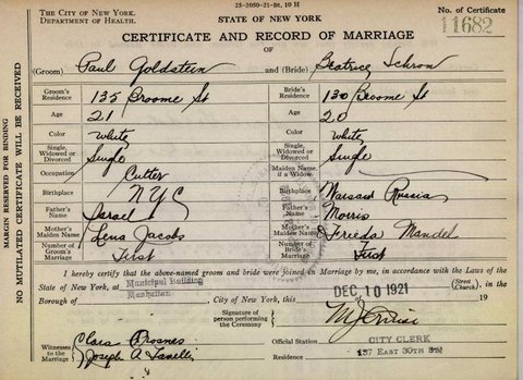 Civil marriage of Beatrice Schron and Paul Goldstein, Manhattan, December 1921, certificate 11682.