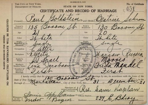 Marriage of Beatrice Schrom and Paul Goldstein, 31 Dec 1921, at home at 130 Broome Street, Manhattan, certificate 451.