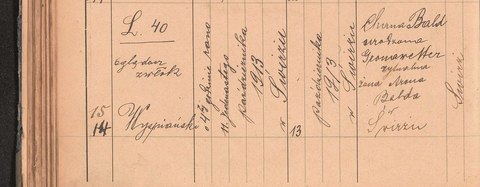 Świrz register of deaths, 11 Oct 1913: Chana Bald, born Grünwetter (readings uncertain), ritual wife of Aron Bald, aged 70.