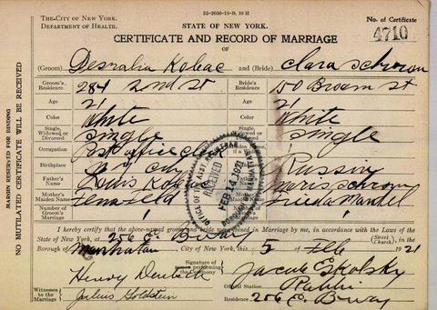 Marriage certificate of Clara Schron and Ralph (Desralia) Kobac, Manhattan, 5 Feb 1921, certificate 4710: Clara, 21, of 150 Broome Street. M