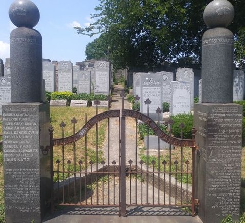 Gate of the First Congregation Dunajewer society (Dunajewer Kranken Unt. Verein), Mount Zion Cemetery, Maspeth, path 14 left, Gate Road: the