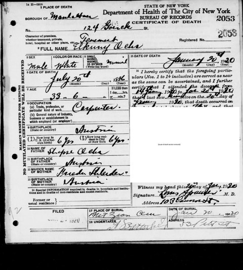 Death certificate of Elkuny (Elkunah) Ochs, Tillie’s brother, Manhattan, 20 Jan 1920, certificate 2053: a carpenter of 124 Goerck Street, bo