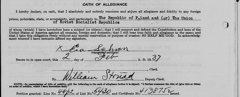 Eva Schron’s oath of allegiance, 2 Feb 1937, certificate 4138752, with her signature.