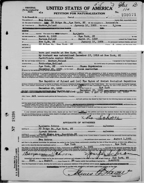Eva Schron’s petition for naturalization, SDNY no. 279571, 21 Aug 1936: born 15 Jan 1903 in Maków; arrived 20 Dec 1920 on the Nieuw Amsterda