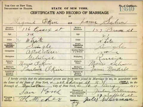 Marriage certificate of “Fannie Schror” and Sigmund Okin, Manhattan, 10 Aug 1912, certificate 18640: Fannie, 21, of 127 Broome Street; Juliu