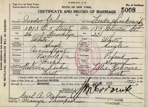 Marriage certificate of Freda Simkowitz and Isidor Galin, Manhattan, 7 Jan 1926, certificate 5008: Freda, 22, of 183 Clinton Street; parents