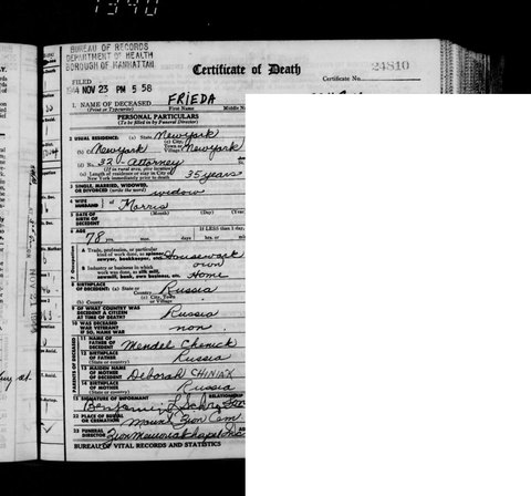 Death record of Frieda Schrom, Manhattan, 1944, certificate 24810: father Mendel Chenick, mother Deborah Chiniak.