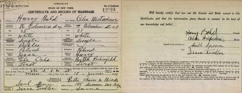Marriage certificate of Harry Bald and Celia Wietschner, Manhattan, 18 Jun 1933, certificate 12810: Harry, 25, son of Isaac Bald and Tobe Oc