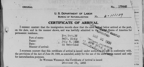 Certificate of arrival filed with Isaac Bald’s petition: the Vaterland from Hamburg, New York, 5 Jul 1914.