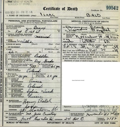 Death certificate of Isaac Bald, Bronx, 20 Nov 1939, certificate 10542: of 924 East 169th Street, a peddler of dry goods; father Pincus Bald