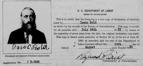 Isaac Bald’s photograph, about 1930, on the copy of his declaration filed with his 1931 petition.