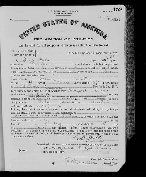 Isak Bald’s declaration of intention, New York County no. 214394, 5 Mar 1920: peddler, born Galicia 1 Mar 1877, living at 94 Lewis Street; s