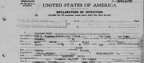 Isidore Bald’s declaration of intention, SDNY no. 383489, 24 Aug 1936: born Świrz; wife Bella born Rzeszów; married 20 Nov 1926. Cropped abo