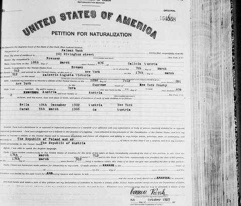 Kalman Vank’s petition for naturalization, Supreme Court, New York County, no. 154658, 1923: wife Dora; children Bella and Sarah.