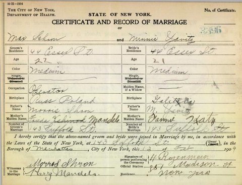 Marriage of Max Shron and Minnie Yavitz, Manhattan, 13 Feb 1909, certificate 3396: his mother “Frieda Kshinok Mandels”.