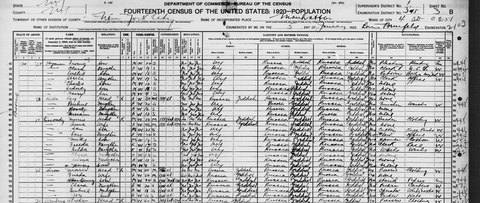 1920 US census, Manhattan, lines 72–76: Morris Shron, 64, with Freda, 50, Benny, 22, Clara, 20, and Bessie, 18.