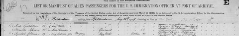 SS Rotterdam, arrived New York 30 Aug 1904, line 7: Moische Schron, 40, shoemaker, from Goworowo, going to his “brother A. Schron, 80½ Attor