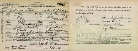 Marriage certificate of Samuel Fisch and Sarah Wang (Wank), Bella’s sister, Manhattan, 8 Nov 1930, certificate 27032: Sarah, 22, of 242 Rivi