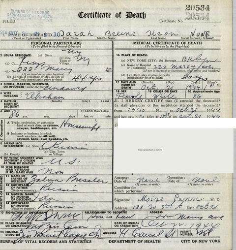 Death certificate of Sarah Breine Shron, Brooklyn, 21 Oct 1944, certificate 20534: aged 86, widow of Abraham; father Zalva Bressler, mother 