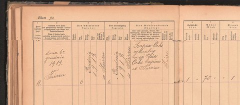 Świrz register of deaths, 6 Dec 1919: Szapsa Ochs, merchant of Świrz, ritual husband of Pesie Ochs, aged 75.