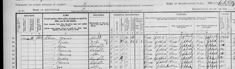 1910 census, Manhattan ED 874, sheet 16B, lines 51–58: Morris Shron, tailor, and his household.