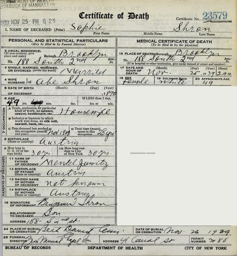 Death certificate of Sophie Shron, Brooklyn, 25 Nov 1939, certificate 23579: aged 49, of 188 South 2nd Street, wife of Abe; father Mendel Ja