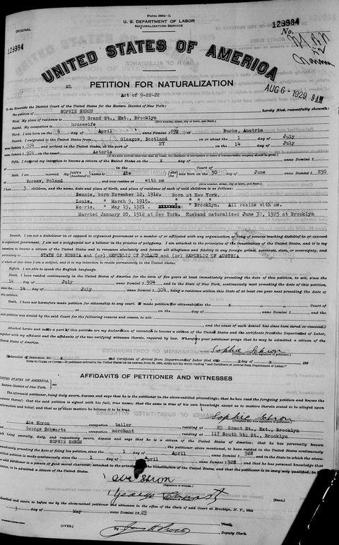 Sophie Shron’s petition for naturalization, EDNY no. 123984, 1929: born 6 Apr 1892 in Austria; married Abe Shron 20 Jan 1912 in New York; so