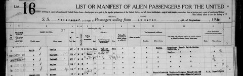 SS Niagara, Le Havre to New York, arrived 20 Sep 1920, list 16, lines 25–29: “Tanly” (Taube) Bald and her four children.