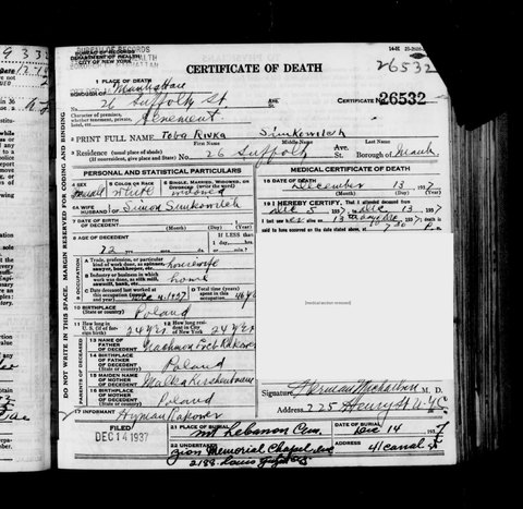 Death certificate of Toba R. (Tauba) Simkowitch, Manhattan, 13 Dec 1937, certificate 26532: of 26 Suffolk Street, a widow; father Nachmon Lo