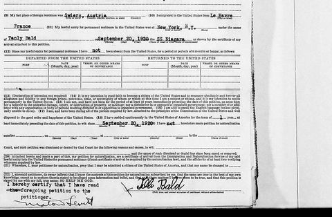 Tillie Bald’s 1943 petition: arrival on the Niagara, 20 Sep 1920.
