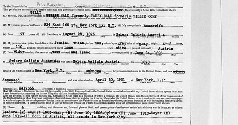 Tillie Bald’s petition for naturalization, SDNY no. 441505, 1943: born Świrz, 28 Aug 1875.
